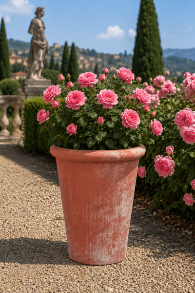 Hoher Rosentopf aus Impruneta-Terracotta – frostsicher, massiv & windstabil